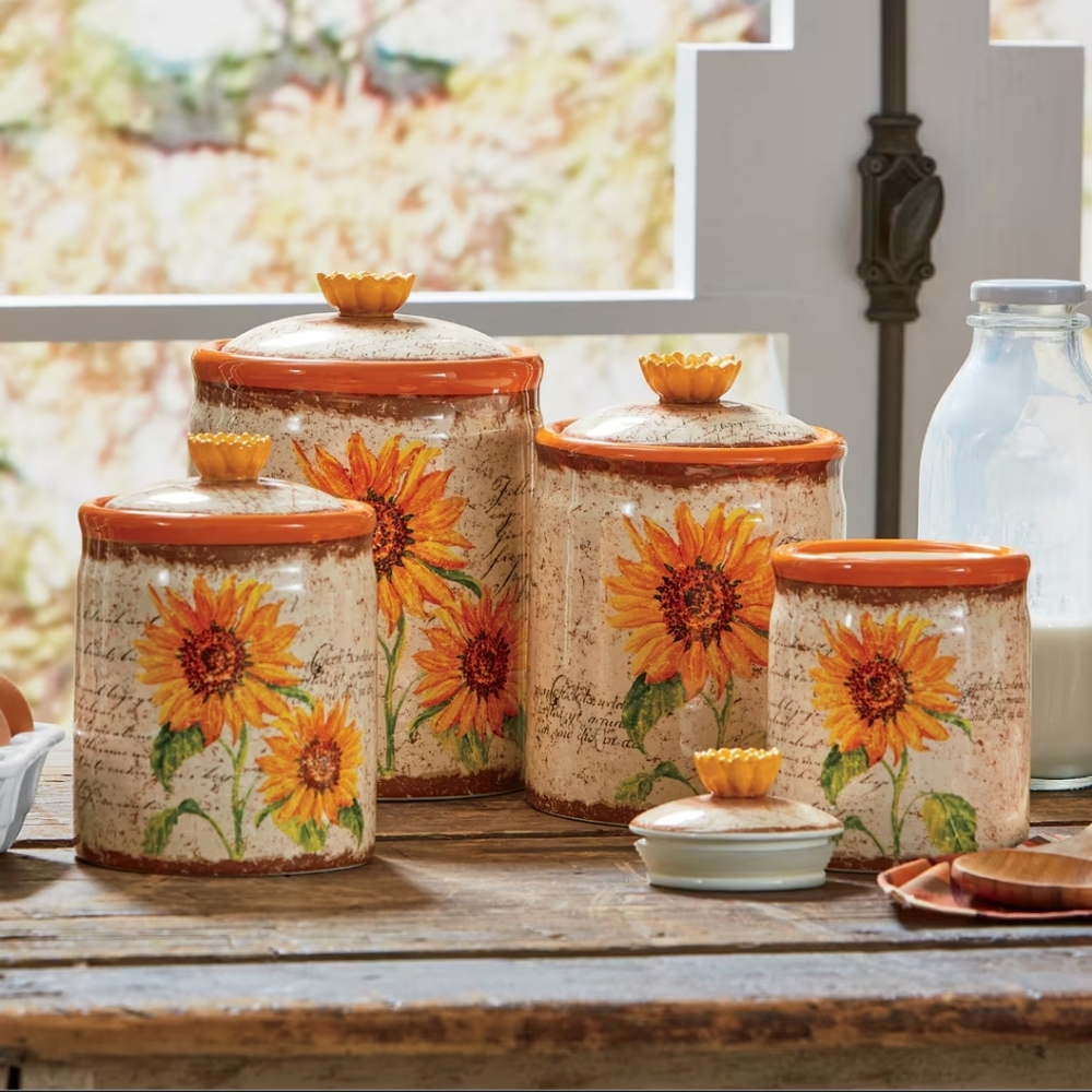 Set of 4 Scripted Sunflower Canister Set
